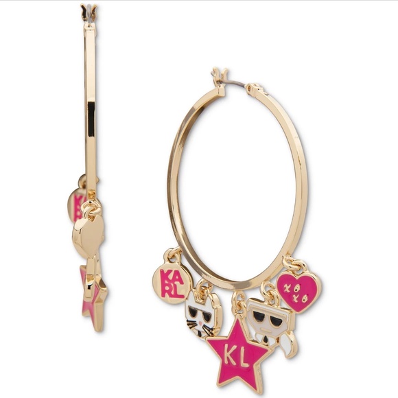 New Karl Lagerfeld Paris Gold-Tone Mixed Charm Hoop Earrings - Picture 7 of 8